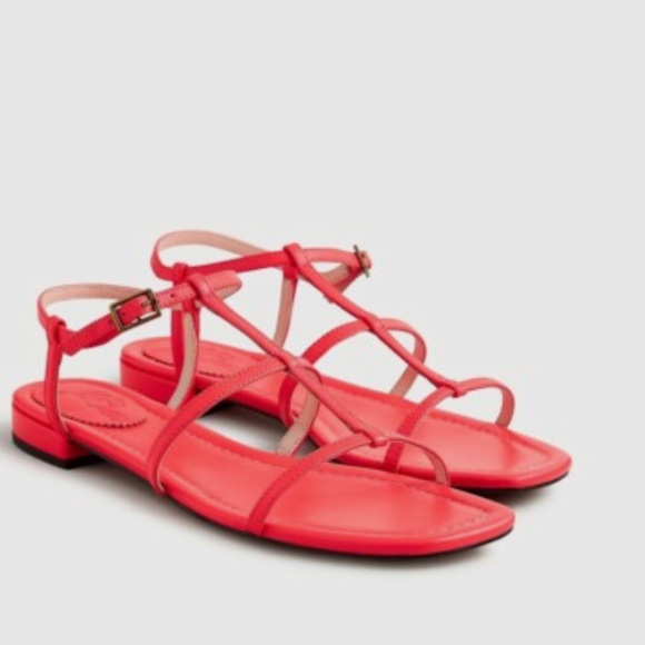 J. Crew Shoes - J. Crew Womens Abbie Flat T-Strap Leather Sandals Neon Poppy Size 7 NWOB Preppy